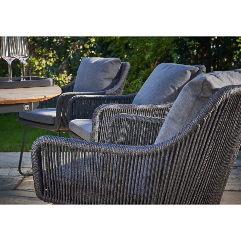 CASA DOMA "Ribera/Saleni" Gartenmöbel-Set 7-tlg., Gestelle Edelstahl anthrazit, Diningsessel mit Kufen, Sitzschale L-Form aus Rope anthrazit (vertikal rund), Kissen Tuvatextil® Panama grafito, Tischplatte Teak