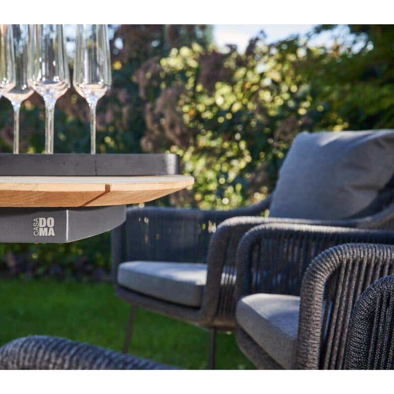 CASA DOMA "Ribera/Saleni" Gartenmöbel-Set 7-tlg., Gestelle Edelstahl anthrazit, Diningsessel mit Kufen, Sitzschale L-Form aus Rope anthrazit (vertikal rund), Kissen Tuvatextil® Panama grafito, Tischplatte Teak