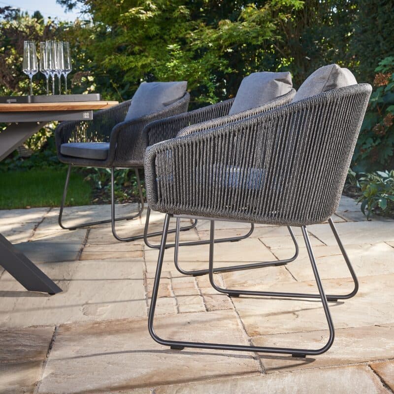 CASA DOMA "Ribera/Saleni" Gartenmöbel-Set 7-tlg., Gestelle Edelstahl anthrazit, Diningsessel mit Kufen, Sitzschale Rundform aus Rope anthrazit (vertikal rund), Kissen Tuvatextil® Panama grafito, Tischplatte Teak