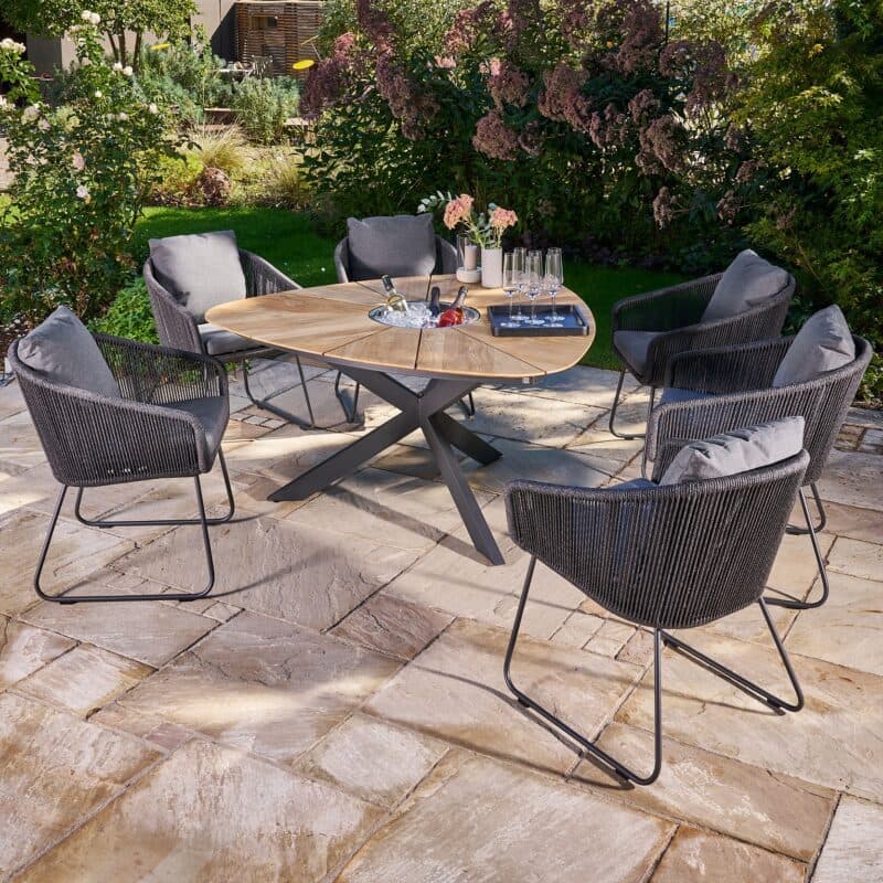 CASA DOMA "Ribera/Saleni" Gartenmöbel-Set 7-tlg., Gestelle Edelstahl anthrazit, Diningsessel mit Kufen, Sitzschale Rundform aus Rope anthrazit (vertikal rund), Kissen Tuvatextil® Panama grafito, Tischplatte Teak