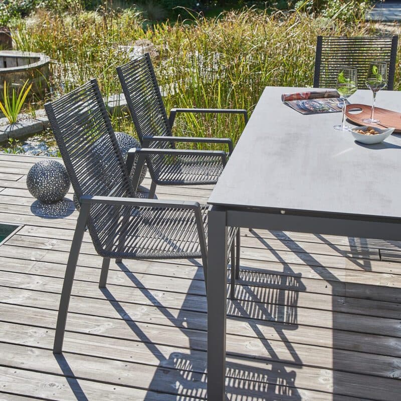 CASA DOMA "Mineo/Carini" Gartenmöbel-Set 7-tlg., Gestelle Edelstahl anthrazit, Stapelstuhl Rope anthrazit, Tisch 160x90 cm, Tischplatte HPL chromix silber