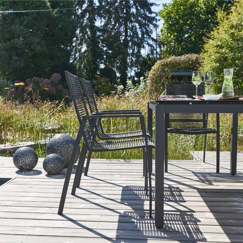 CASA DOMA "Mineo/Carini" Gartenmöbel-Set 7-tlg., Gestelle Edelstahl anthrazit, Stapelstuhl Rope anthrazit, Tisch 160x90 cm, Tischplatte HPL chromix silber