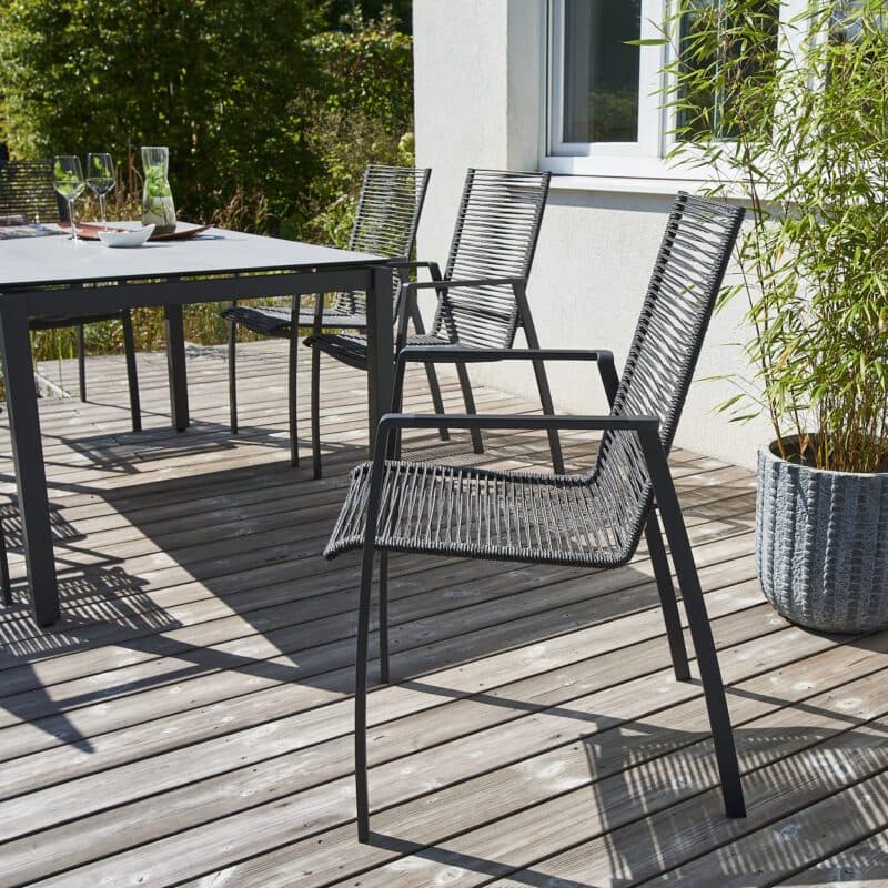 CASA DOMA "Mineo/Carini" Gartenmöbel-Set 7-tlg., Gestelle Edelstahl anthrazit, Stapelstuhl Rope anthrazit, Tisch 160x90 cm, Tischplatte HPL chromix silber