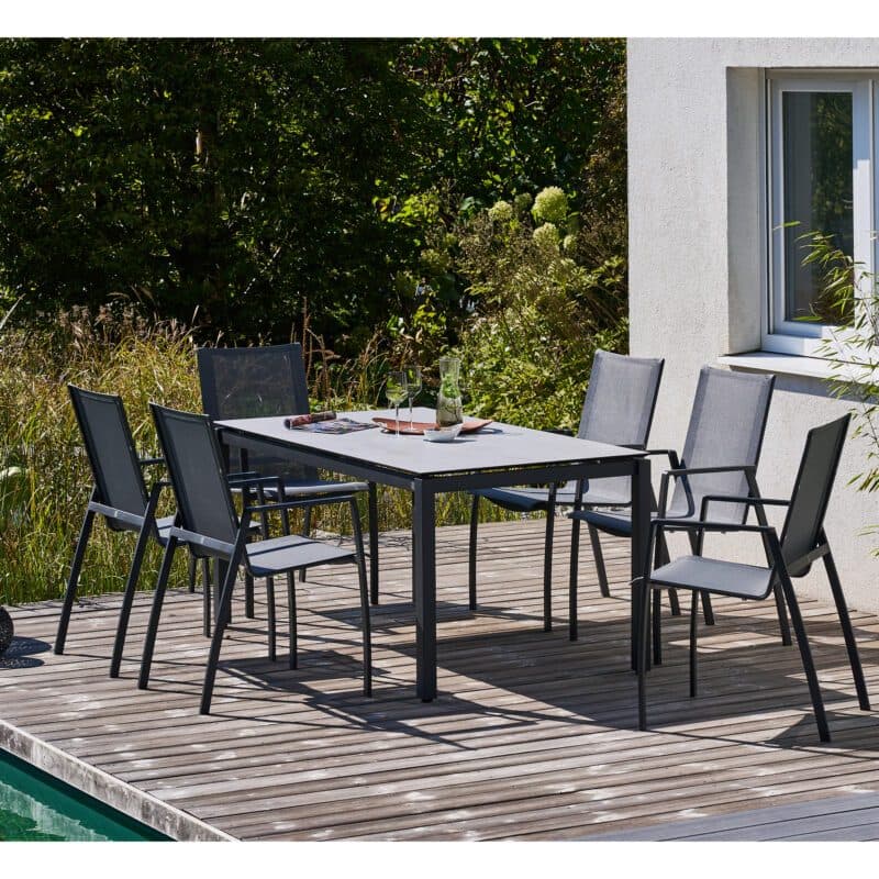 CASA DOMA "Mineo/Carini" Gartenmöbel-Set 7-tlg., Gestelle Edelstahl anthrazit, Stapelstuhl Sunproof® Sling schwarz/silber, Tisch 160x90 cm, Tischplatte HPL chromix silber