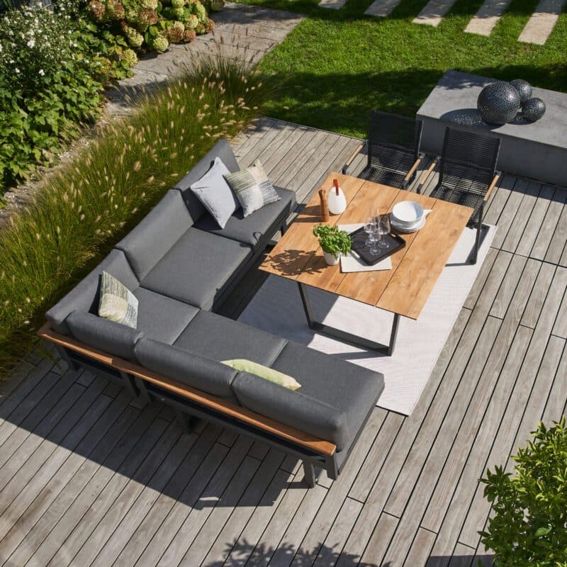 CASA DOMA "Aragona/Falerna/Mineo" Gartenmöbel-Set 5-teilig, Aluminium/Edelstahl anthrazit, Polster Tuvatextil® Panama grafito, Sitzfläche Rope anthrazit, Tischplatte Teak 120x120 cm