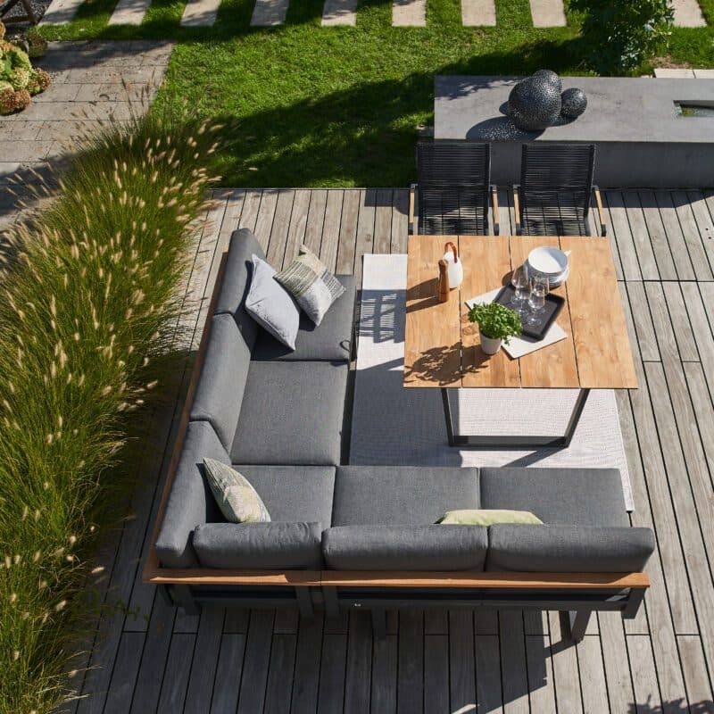 CASA DOMA "Aragona/Falerna/Mineo" Gartenmöbel-Set 5-teilig, Aluminium/Edelstahl anthrazit, Polster Tuvatextil® Panama grafito, Sitzfläche Rope anthrazit, Tischplatte Teak 120x120 cm