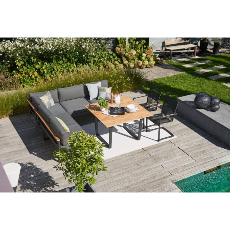 CASA DOMA "Aragona/Falerna/Mineo" Gartenmöbel-Set 5-teilig, Aluminium/Edelstahl anthrazit, Polster Tuvatextil® Panama grafito, Sitzfläche Rope anthrazit, Tischplatte Teak 120x120 cm