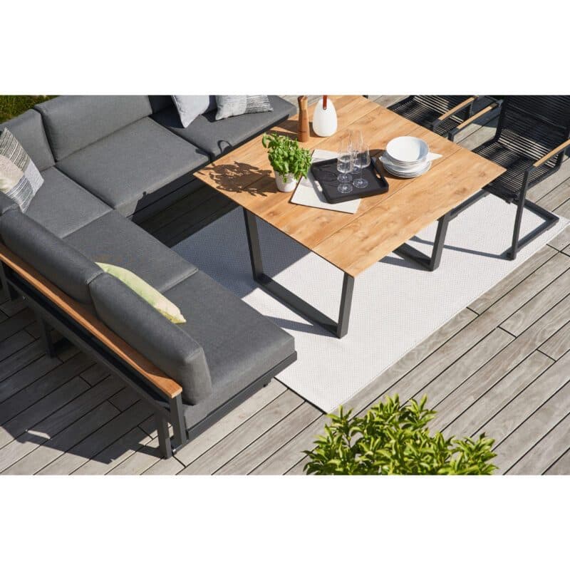 CASA DOMA "Aragona/Falerna/Mineo" Gartenmöbel-Set 5-teilig, Aluminium/Edelstahl anthrazit, Polster Tuvatextil® Panama grafito, Sitzfläche Rope anthrazit, Tischplatte Teak 120x120 cm