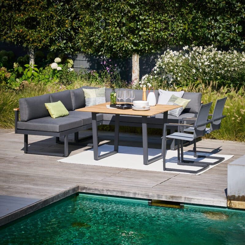 CASA DOMA "Aragona/Falerna/Mineo" Gartenmöbel-Set 5-teilig, Edelstahls/Aluminium anthrazit, Polster Tuvatextil® Panama grafito, Sitzfläche Sunproof® Sling schwarz/silber,, Tischplatte Teak 120x120 cm