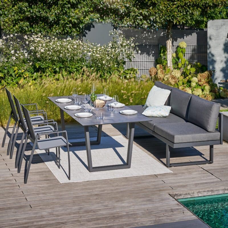 CASA DOMA "Aragona/Falerna/Mineo" Diningset, Gestelle Edelstahl und Aluminium anthrazit, Stühle Sitzfläche & Rückenlehne Sunproof® Sling schwarz/silber, Polster Tuvatextil®, Tischplatte HPL, 210x100 cm