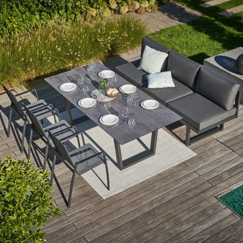 CASA DOMA "Aragona/Falerna/Mineo" Diningset, Gestelle Edelstahl und Aluminium anthrazit, Stühle Sitzfläche & Rückenlehne Sunproof® Sling schwarz/silber, Polster Tuvatextil®, Tischplatte HPL, 210x100 cm