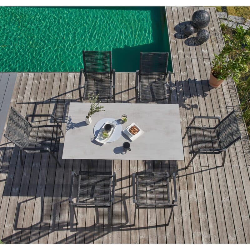 CASA DOMA "Mineo/Falerna" Gartenmöbel-Set 7-tlg., Gestelle Edelstahl anthrazit, Rope anthrazit, Armlehne Aluminium-Einlage schwarz, Kufentisch 160x90 cm mit HPL-Tischplatte