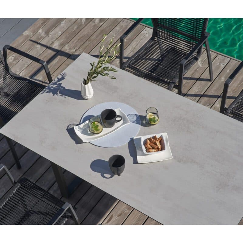 CASA DOMA "Mineo/Falerna" Gartenmöbel-Set 7-tlg., Gestelle Edelstahl anthrazit, Rope anthrazit, Armlehne Aluminium-Einlage schwarz, Kufentisch 160x90 cm mit HPL-Tischplatte