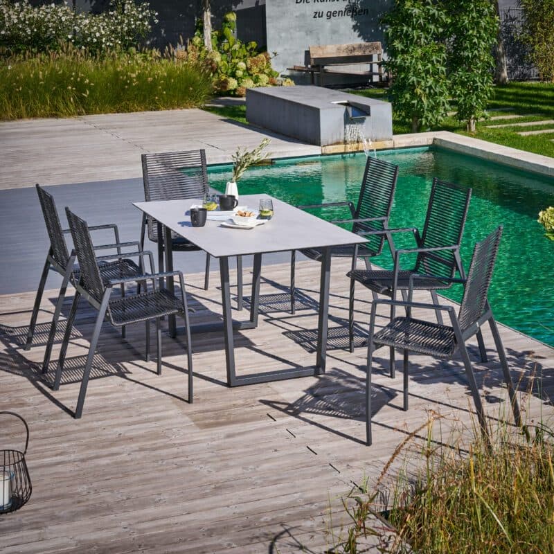 CASA DOMA "Mineo/Falerna" Gartenmöbel-Set 7-tlg., Gestelle Edelstahl anthrazit, Rope anthrazit, Armlehne Aluminium-Einlage schwarz, Kufentisch 160x90 cm mit HPL-Tischplatte