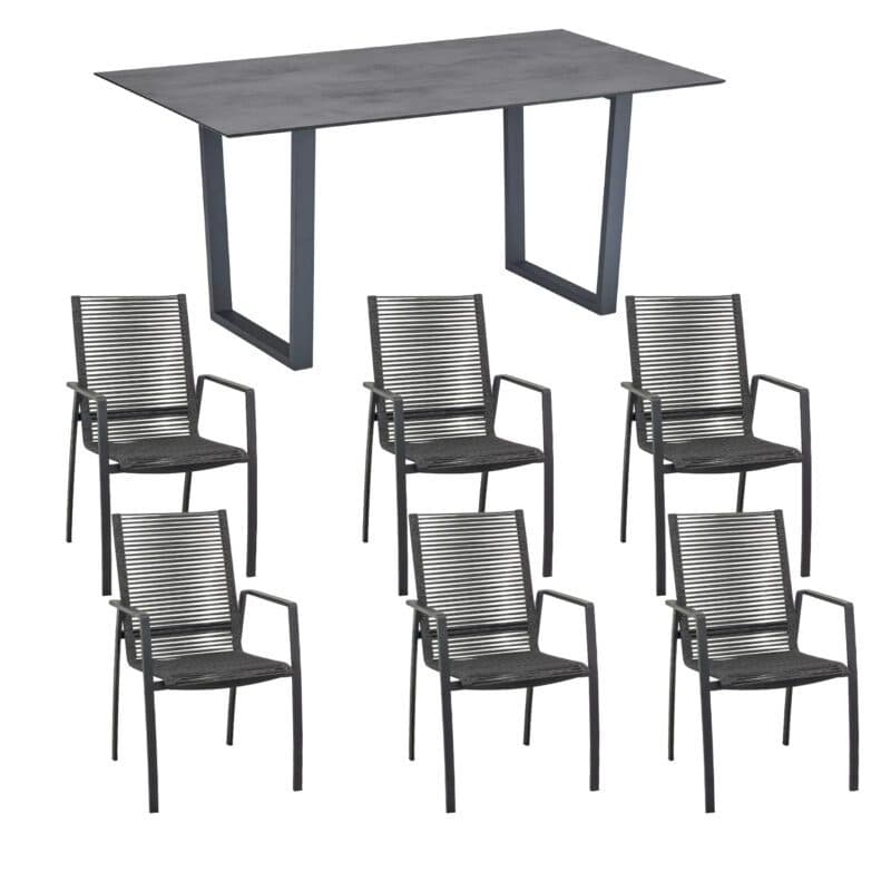 CASA DOMA "Mineo/Falerna" Gartenmöbel-Set 7-tlg., Gestelle Edelstahl anthrazit, Rope anthrazit, Armlehne Aluminium-Einlage schwarz, Kufentisch 160x90 cm mit HPL-Tischplatte chromix anthrazit