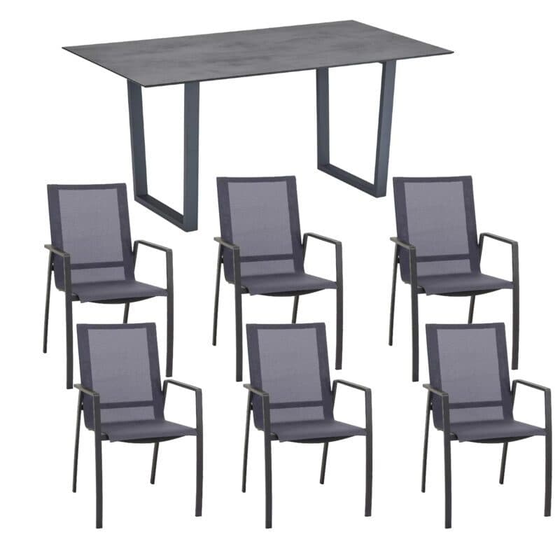 CASA DOMA "Mineo/Falerna" Gartenmöbel-Set 7-tlg., Gestelle Edelstahl anthrazit, Sunproof® Sling schwarz-silber, Armlehne Aluminium-Einlage schwarz, Kufentisch 160x90 cm mit HPL-Tischplatte chromix anthrazit