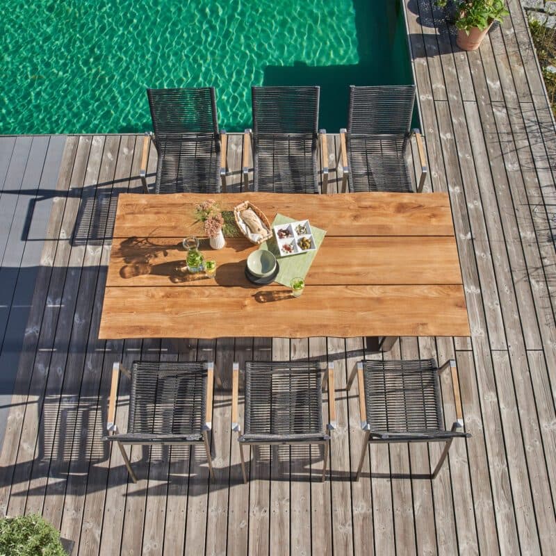 CASA DOMA "Mineo/Falerna" Gartenmöbel-Set 7-tlg., Gestelle Edelstahl gebürstet, Sitzfläche Rope anthrazit, Armlehnen Teak, Tisch 210x100 cm mit Teakplatte mit Baumkante