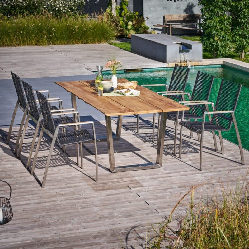 CASA DOMA "Mineo/Falerna" Gartenmöbel-Set 7-tlg., Gestelle Edelstahl gebürstet, Sitzfläche Rope anthrazit, Armlehnen Teak, Tisch 210x100 cm mit Teakplatte mit Baumkante