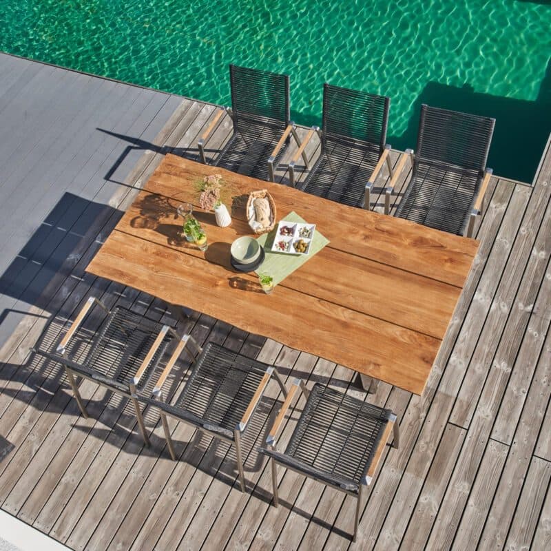 CASA DOMA "Mineo/Falerna" Gartenmöbel-Set 7-tlg., Gestelle Edelstahl gebürstet, Sitzfläche Rope anthrazit, Armlehnen Teak, Tisch 210x100 cm mit Teakplatte mit Baumkante