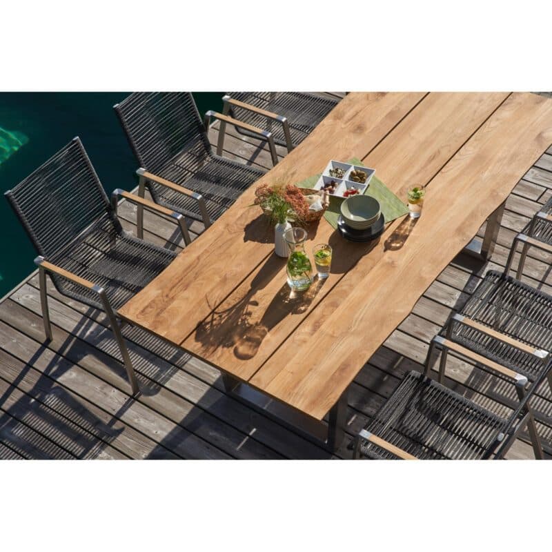 CASA DOMA "Mineo/Falerna" Gartenmöbel-Set 7-tlg., Gestelle Edelstahl gebürstet, Sitzfläche Rope anthrazit, Armlehnen Teak, Tisch 210x100 cm mit Teakplatte mit Baumkante