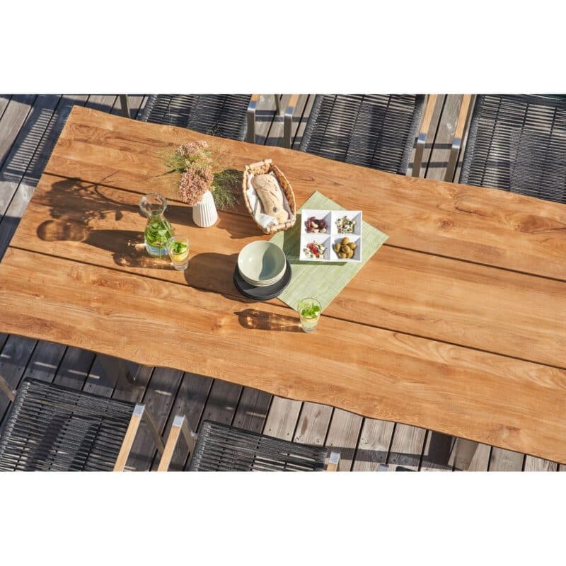 CASA DOMA "Mineo/Falerna" Gartenmöbel-Set 7-tlg., Gestelle Edelstahl gebürstet, Sitzfläche Rope anthrazit, Armlehnen Teak, Tisch 210x100 cm mit Teakplatte mit Baumkante