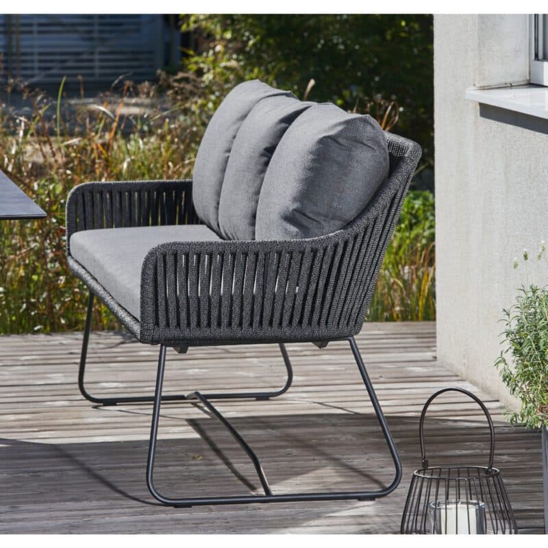 CASA DOMA "Ribera/Falerna" Diningset 5-tlg., Gestelle Edelstahl anthrazit, Diningsessel und Bank L-Form, Kufengestell, Sitz Rope anthrazit (vertikal breit), Kissen Tuvatextil® Panama grafito, Tischplatte HPL, 210x100 cm