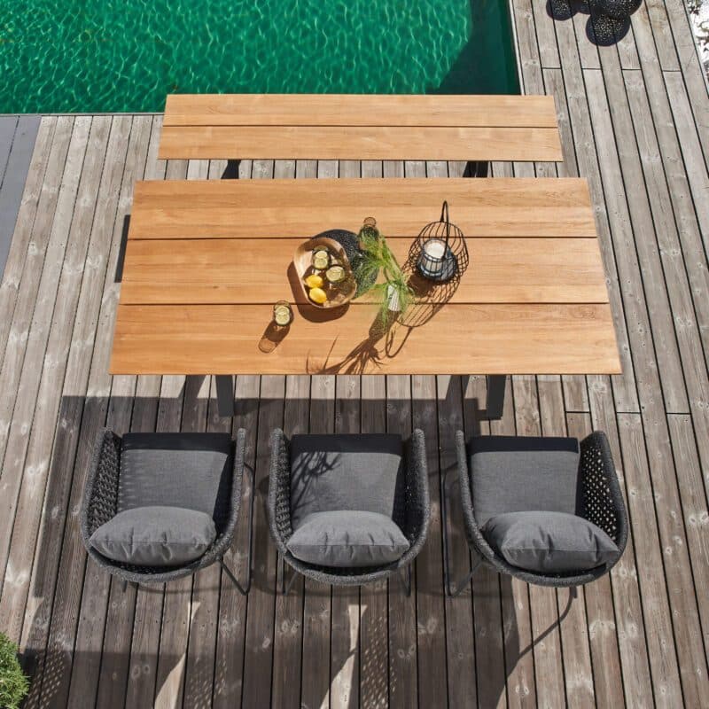 CASA DOMA "Ribera/Falerna" Diningset 5-tlg., Gestelle Edelstahl anthrazit, Tisch und Bank X-Gestell, Diningsessel Rund-Form, Kufengestell, Sitz Rope anthrazit (Raute), Kissen Tuvatextil® Panama grafito, Tischplatte Teak, 210x100 cm