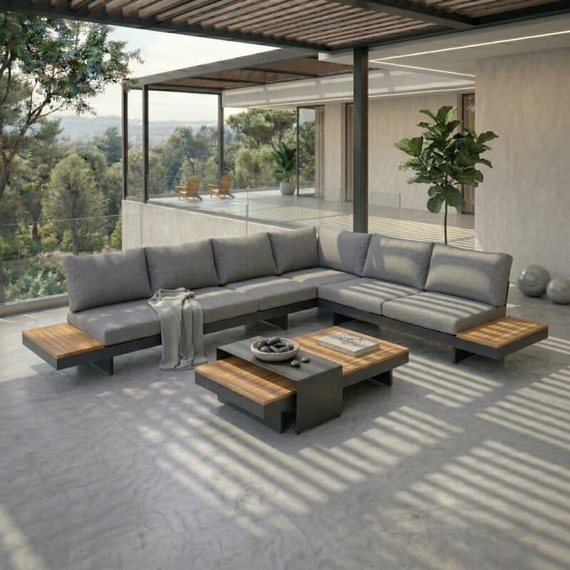 Lesli Living "Barbados" Lounge, Aluminium charcoal, Bezug anthrazit, Ablagen/Tischplatte Teak (Bild KI-generiert)