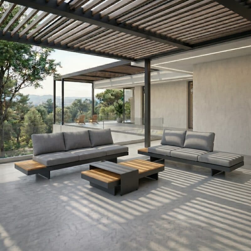 Lesli Living "Barbados" Lounge, Aluminium charcoal, Bezug anthrazit, Ablagen/Tischplatte Teak,Stellvariante (Bild KI-generiert)