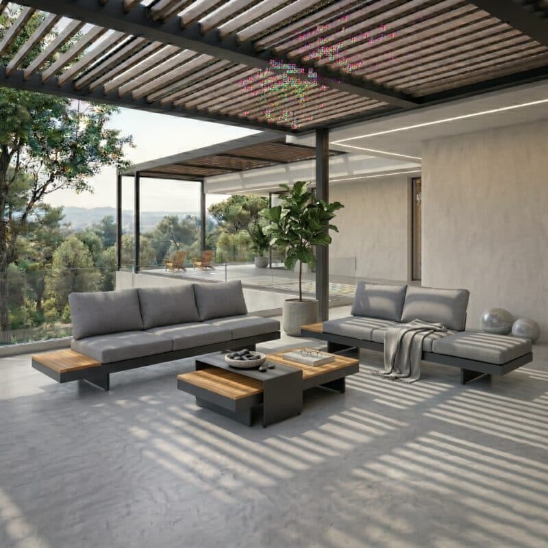 Lesli Living "Barbados" Lounge, Aluminium charcoal, Bezug anthrazit, Ablagen/Tischplatte Teak, Stellvariante (Bild KI-generiert)