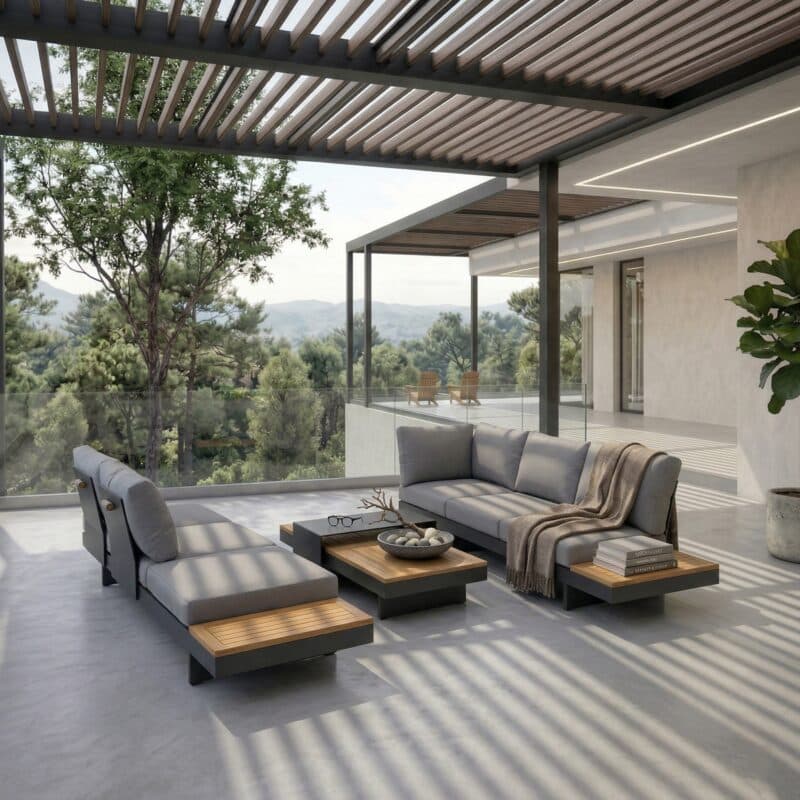 Lesli Living "Barbados" Lounge, Aluminium charcoal, Bezug anthrazit, Ablagen/Tischplatte Teak, Stellvariante (Bild KI-generiert)