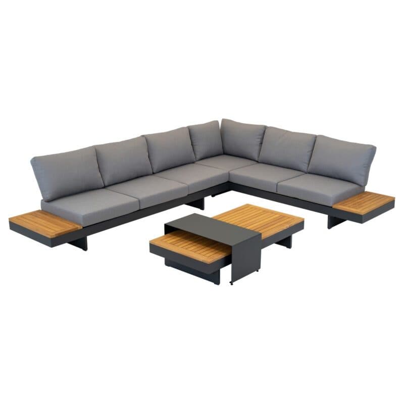 Lesli Living "Barbados" Loungegruppe, Aluminium charcoal, Bezug Olefin anthrazit, Ablagen/Tischplatte Teak