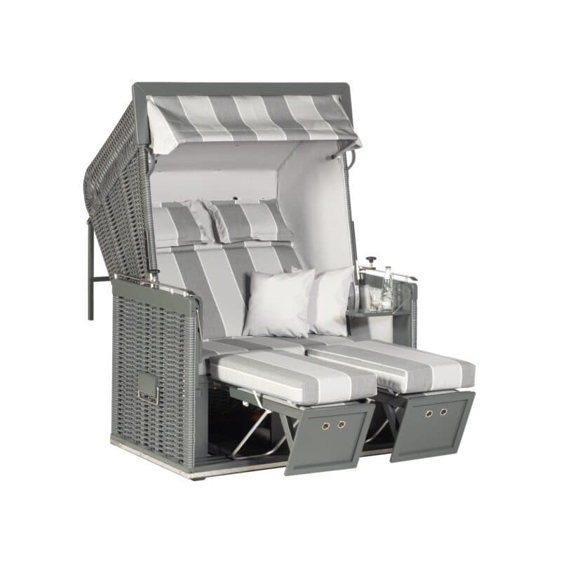 Sonnenpartner "Präsident" Strandkorb, 2-Sitzer, Volllieger, Kunststoffgeflecht onix, Markisenstoff Nr. 36 und uni hellgrau weiß 723