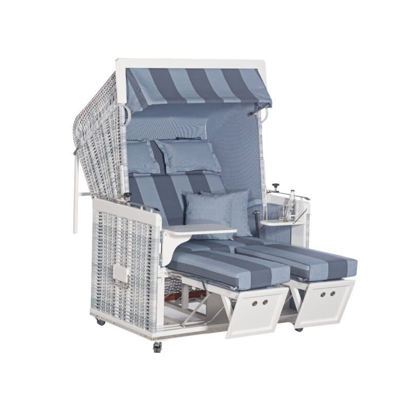 Sonnenpartner "Präsident" Strandkorb, 2-Sitzer, Volllieger, PE-Kunststoffgeflecht white-washed, Markisenstoff Nr. 19 und uni jeansblau/weiß 725