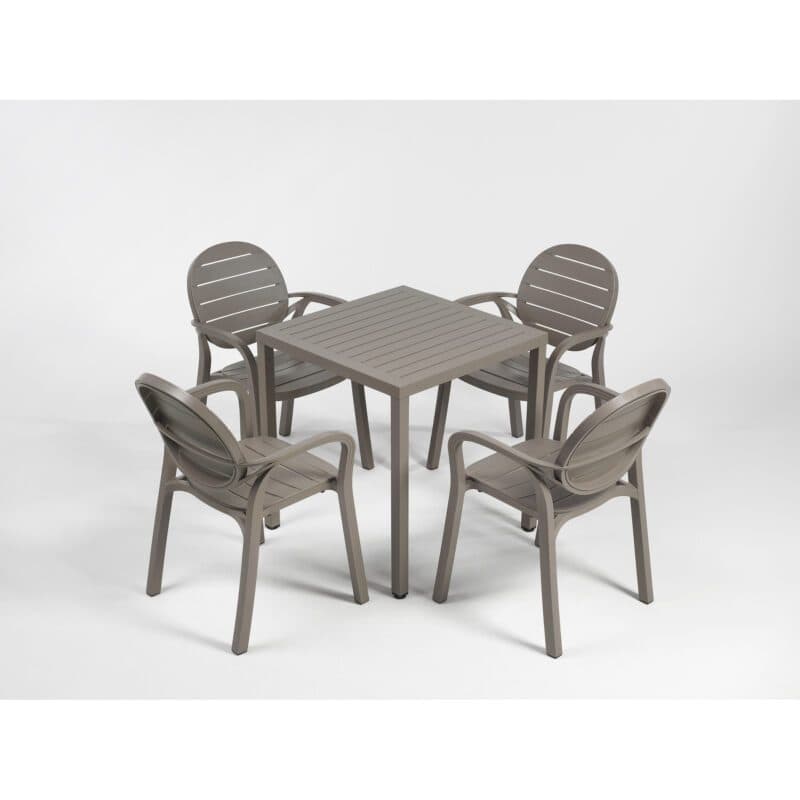 NARDI "Cube" Gartentisch 70x70 cm, Gestell Aluminium taupe, Tischplatte Kunststoff taupe, mit "Palma" Stapelstuhl