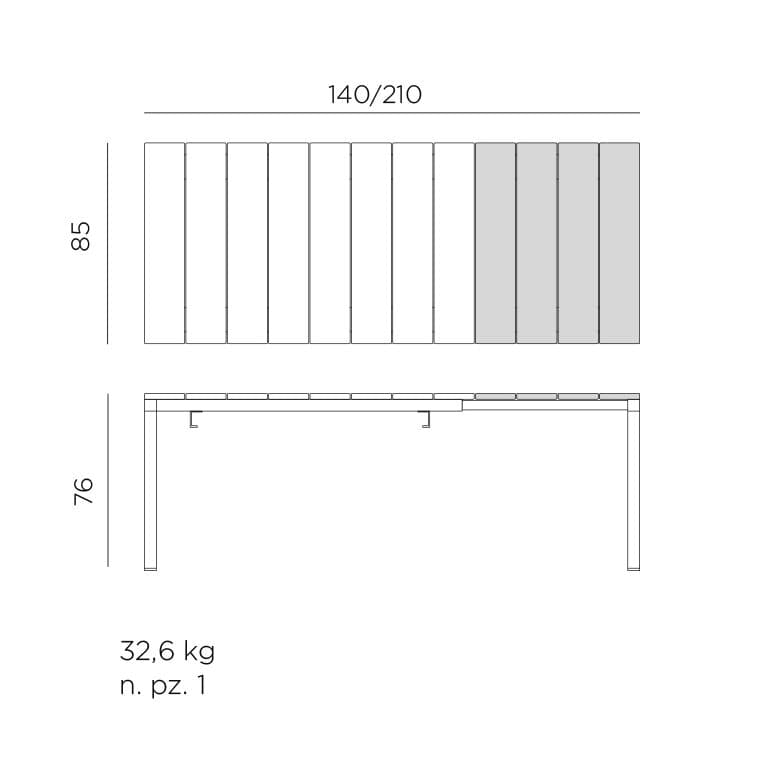 NARDI "Rio" Ausziehtisch Aluminium/Kunststoff, 140/210x85 cm, Maßangaben