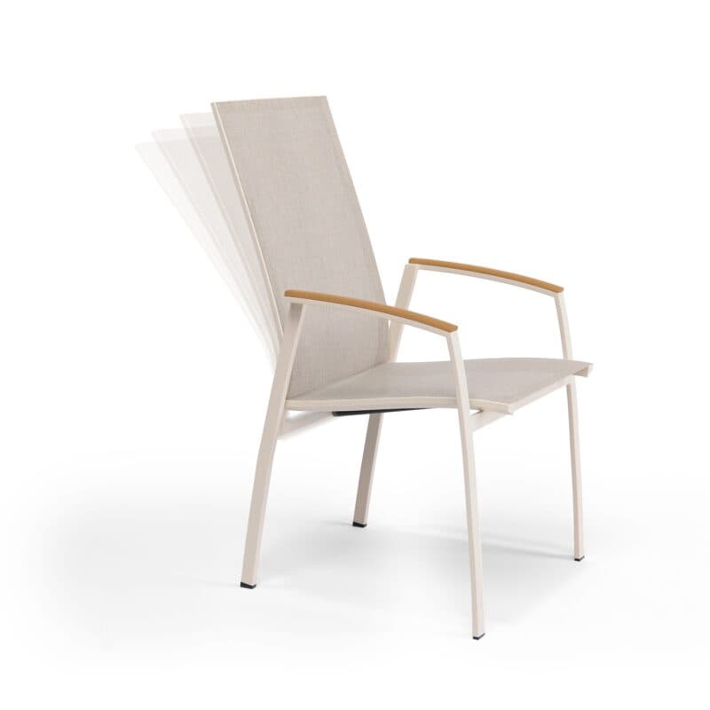 SIT Mobilia "Limbo move" Stapelsessel, Aluminium powder/ecru Textilgewebe Phifertex sibirian, Armlehnen Teak