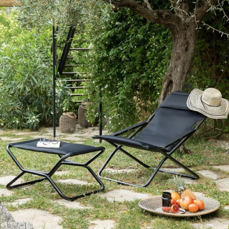 Lafuma "Transabed AirComfort®" Liegestuhl mit Hocker "Next AirComfort®, Stahl schwarz, Textilen acier ©LAFUMA MOBILIER - Sébastien Sassoulas