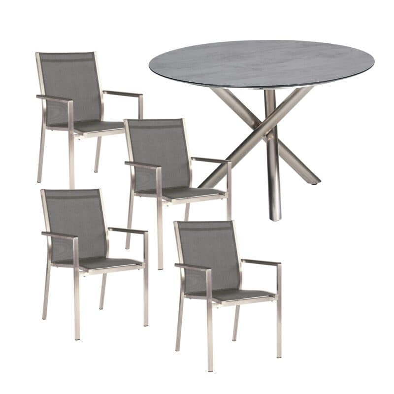 Gartenmöbel-Set 5-tlg. mit Stern Stapelsessel "Cardiff" und CASA DOMA Gartentisch "Perano" Ø 120 cm, Gestelle Edelstahl, Sitzfläche Textilgewebe silbergrau, Tischplatte HPL Chromix anthrazit