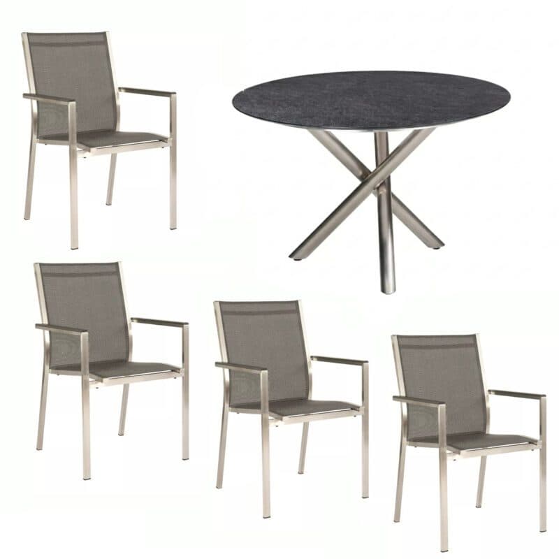 Gartenmöbel-Set 5-tlg. mit Stern Stapelsessel "Cardiff" und CASA DOMA Gartentisch "Perano" Ø 120 cm, Gestelle Edelstahl, Sitzfläche Textilgewebe silbergrau, Tischplatte HPL Scivaro Schiefer