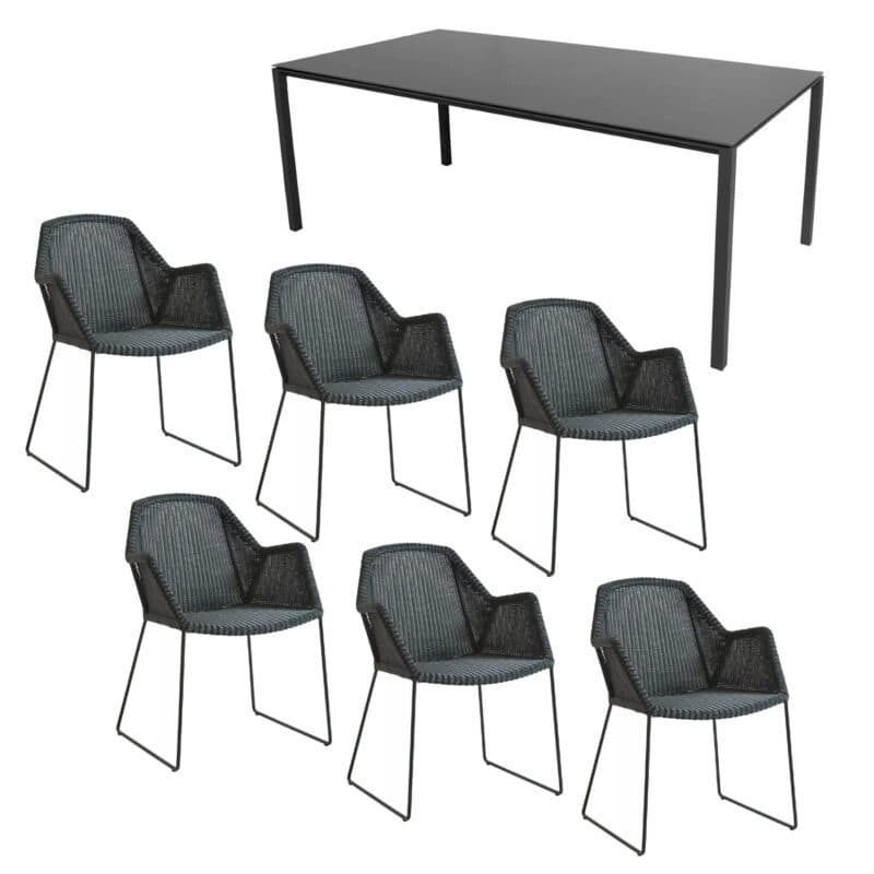 Cane-line Gartenmöbel-Set mit Kufenstuhl Breeze, Polyrattan schwarz und Gartentisch Pure, Gestell Alu lavagrau, Tischplatte Keramik nero black, 200 x 100 cm