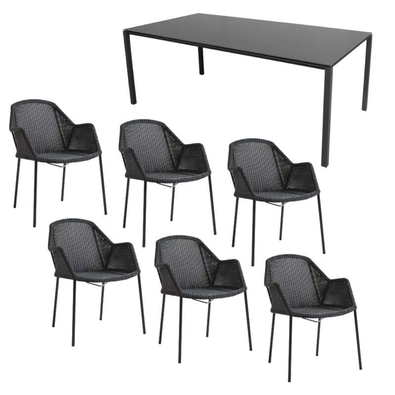 Cane-line Gartenmöbel-Set mit Stapelstuhl Breeze, Polyrattan schwarz und Gartentisch Pure, Gestell Alu lavagrau, Tischplatte Keramik nero black, 200 x 100 cm