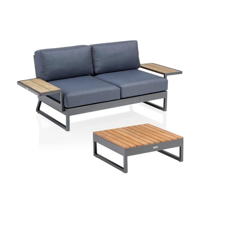Kettler "Ocean Skid Platform" Loungesofa 2-sitzig, Alu anthrazit matt, Bezug Agora® brisa, Ablagen Teak, Loungetisch