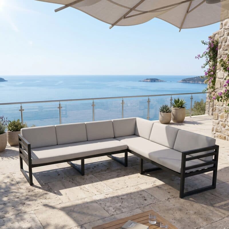 Jati&Kebon "Yoro" Casual Dining Eckloungeset, lange Seite rechts, Gestell Alu eisengrau, Polster Olefin light grey (Bild KI-generiert)