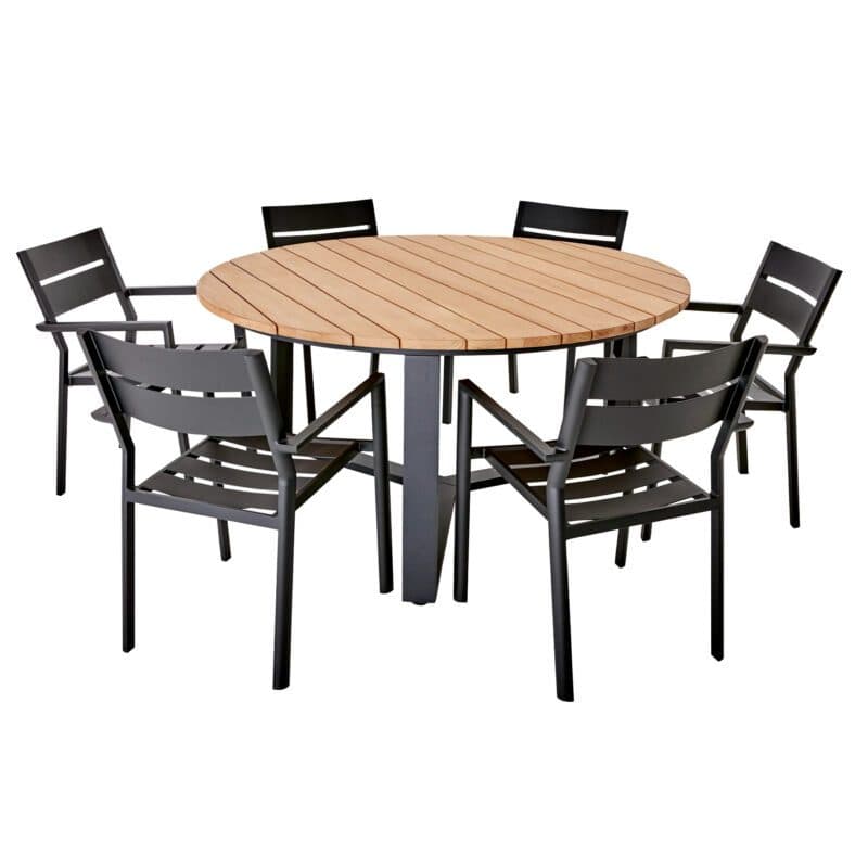 Brafab "Delia" Stapelstuhl mit Armlehnen, Aluminium schwarz mit Gartentisch "Laurion"