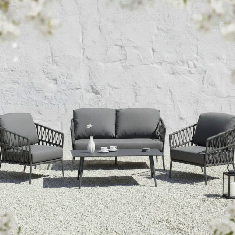 CASA DOMA "Messina" Loungeset mit "Arista" Loungetisch, Gestelle Aluminium anthrazit, Rope anthrazit, Kissen medium grey (Bild KI-generiert)