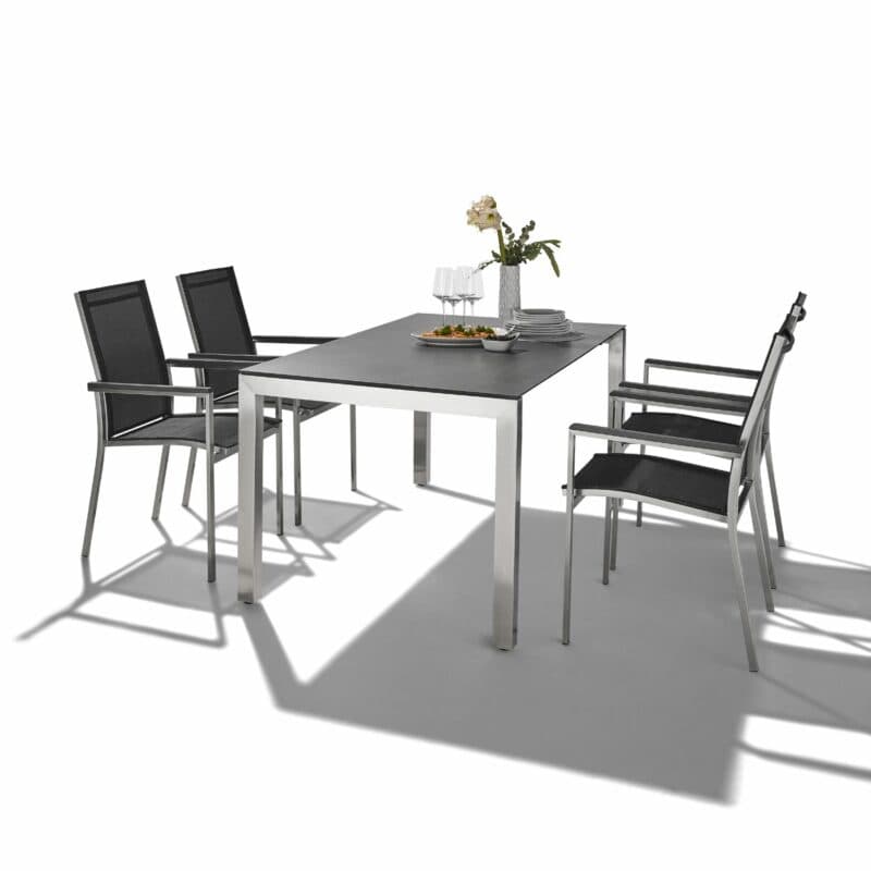 CASA DOMA Set mit Ausziehtisch "Amato" 160/210/260 x 90 cm, Edelstahl gebürstet, HPL Chromix Anthrazit und Liadomo Stapelstuhl "Motta", Edelstahl gebürstet, Textilgewebe anthrazit