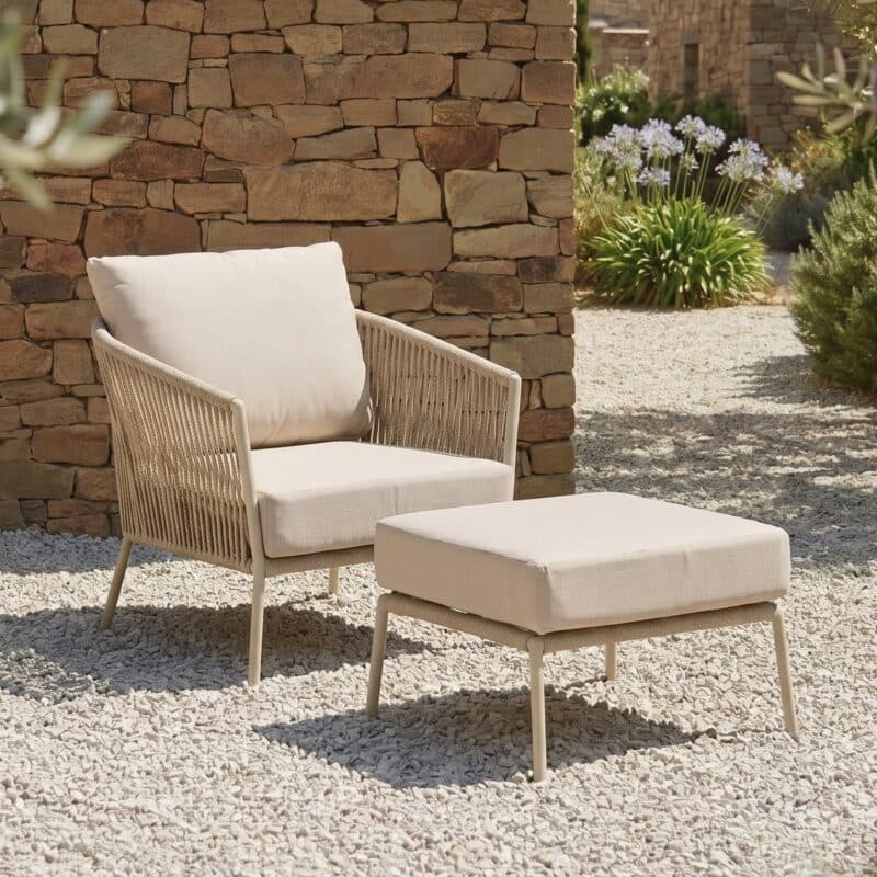 CASA DOMA Set mit Loungesessel und Loungehocker "Falcone", Aluminium cream, Rope fossil, Polster beige (Bild KI-generiert)
