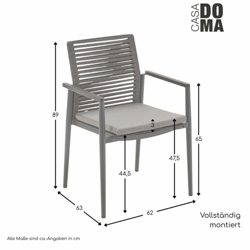 CASA DOMA "Gallico" Stapelstuhl, Armlehnen Teak/Aluminium, Maße in cm