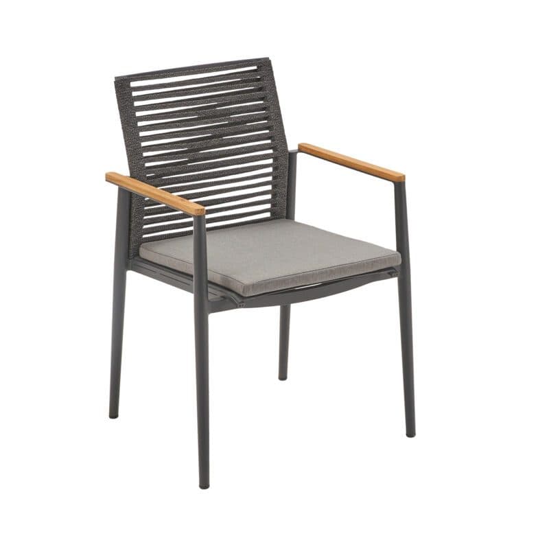 CASA DOMA "Gallico" Stapelstuhl, Alu anthrazit, Sitzfläche Textilgewebe schwarz/silber, Rückenfläche Rope anthrazit, Armlehnen Teak, inkl. Sitzkissen